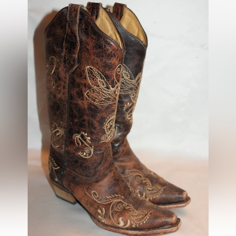 Circle G Brown Distressed Leather Dragonfly Western Boots